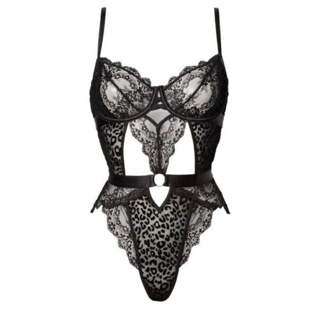 ‎Black Underwire Leopard Print Floral Scalloped Lace Teddy Lingerie